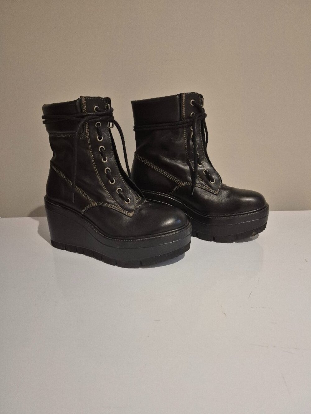 Zara SRPLS Limited Ed. Black Spanish Leather Wedge Combat Boots - US 8 / EU 39